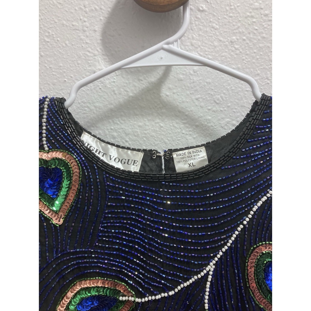 Vintage Night Vogue Sequined Beaded Black Blouse 100% Silk Peacock - Picture 5 of 10